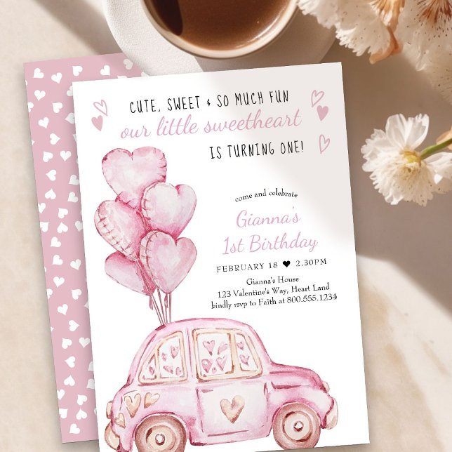 Valentine Sweetheart Pink Balloons 1st Birthday Invitation (Little Sweetheart 1st Birthday Invitation - order printed or as printable download)