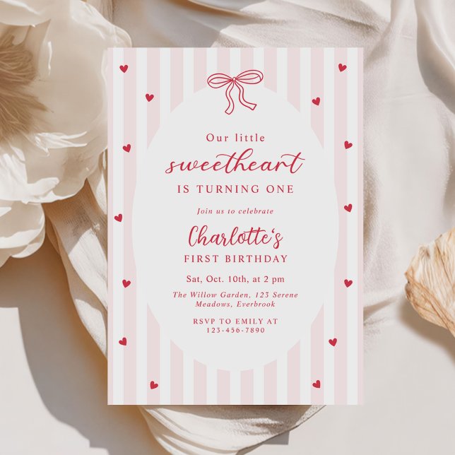 Valentine Sweetheart Pink Red Hearts 1st Birthday Invitation (Creator Uploaded)