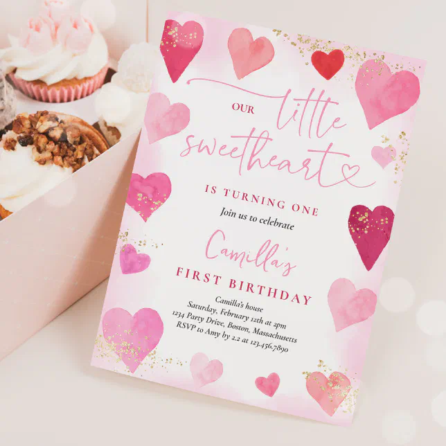 Pink Invitations Heart Valentine Sweetheart Pink Red Hearts 1st Birthday Invitation | Zazzle