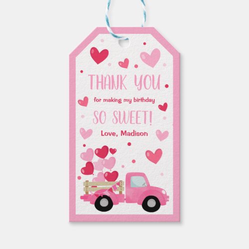 Valentine Sweetheart Pink Truck 1st Birthday Party Gift Tags