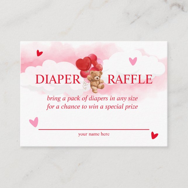 Valentine Teddy Bear Baby Shower Diaper Raffle Enclosure Card (Front)