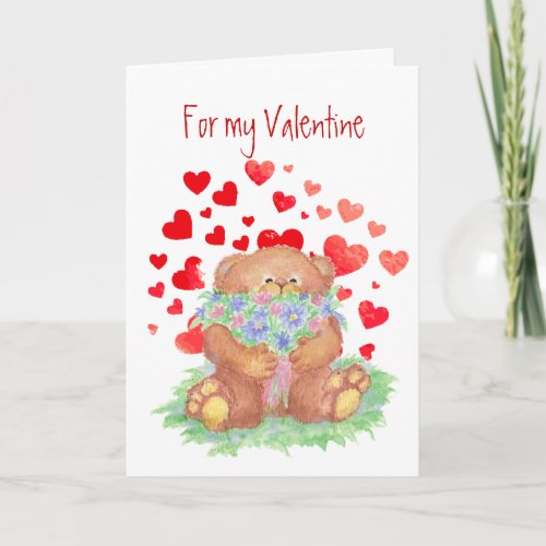 Valentine Teddy Bear Flowers Love you Forever Holiday Card