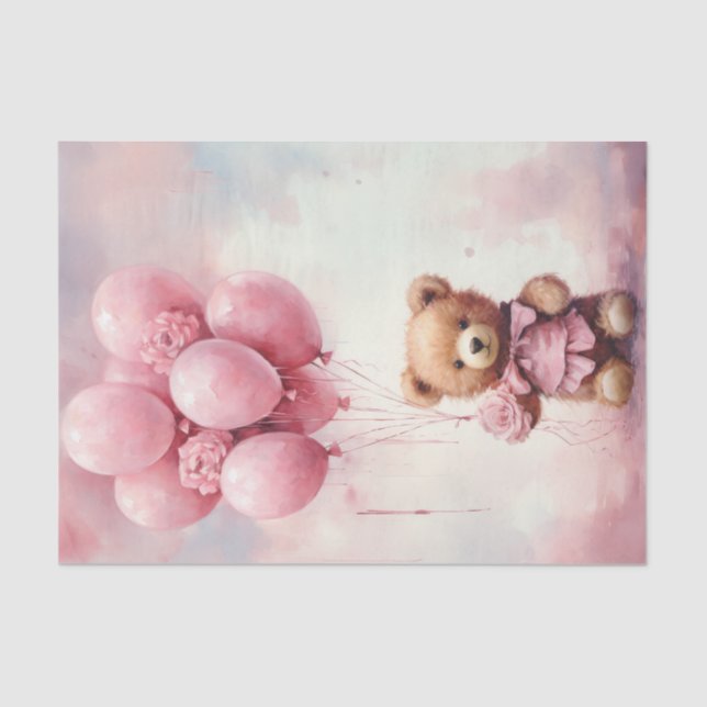 Valentine Teddy Bear Holding Pink Balloons Tissue Paper (Front)