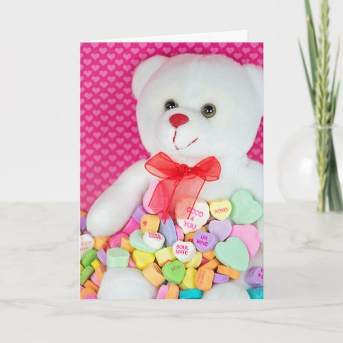 Valentine Teddy Bear in Candy Hearts Holiday Card