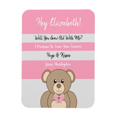 Valentine teddy bear love you pink and grey magnet