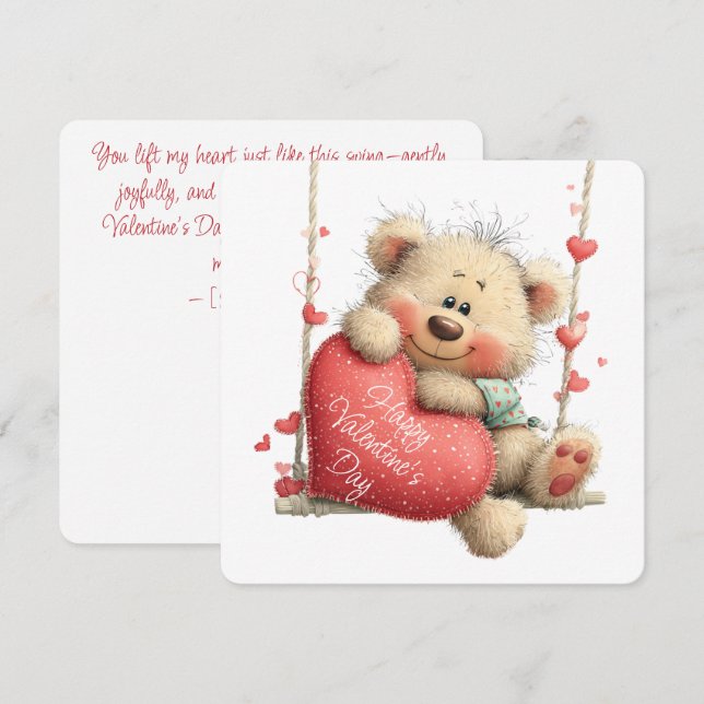 Valentine Teddy Bear on Swing with Heart  Holiday Card (Front/Back)
