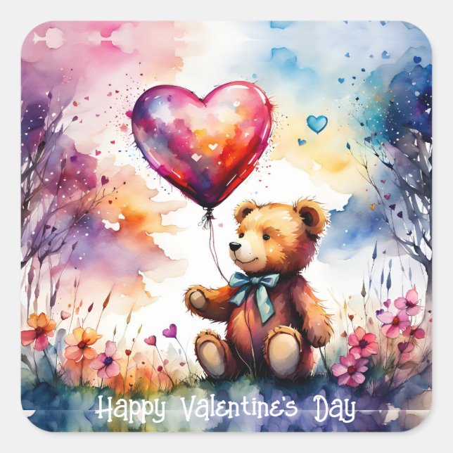 Valentine Teddy Bear with Heart Balloon Square Sticker (Front)