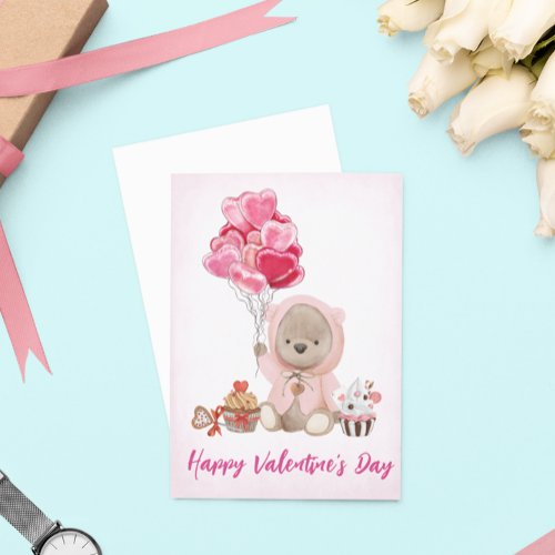 Valentine Teddy Bear with Heart Balloons  Card