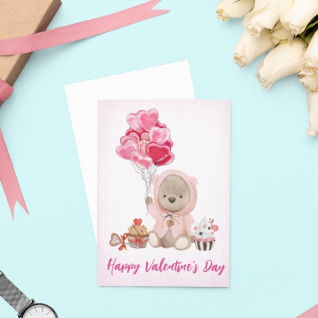Valentine Teddy Bear with Heart Balloons  Card (Creator Uploaded)