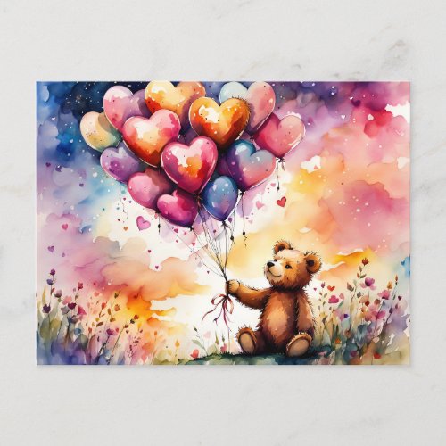 Valentine Teddy bear with Heart shaped balloons Postcard