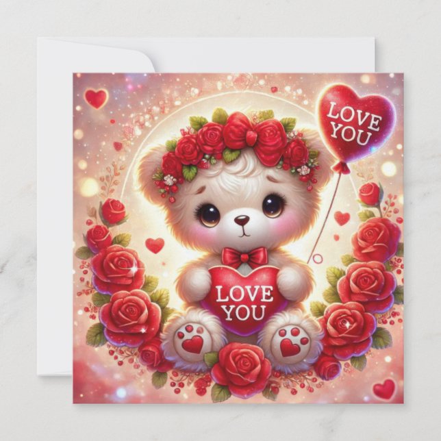 Valentine teddy bear with red heart balloon love holiday card (Front)