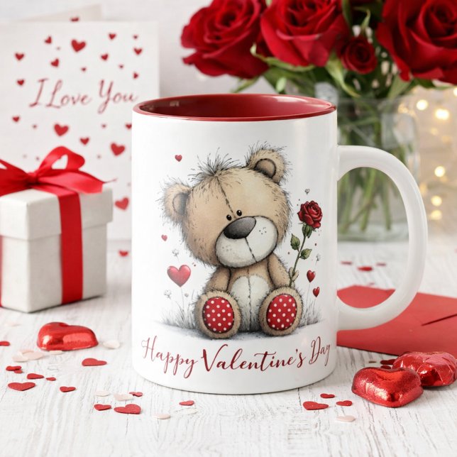 Valentine Teddy Bear with Rose and Hearts Mug (Creator Uploaded)