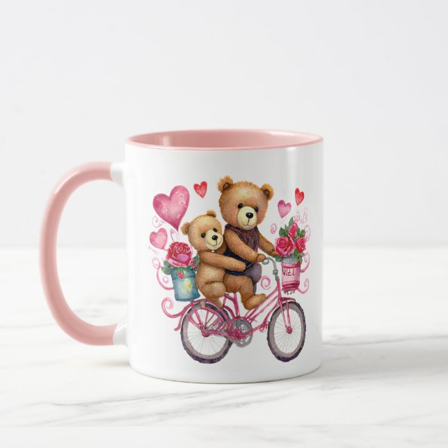 Valentine teddy bears on bicycle mug (Left)