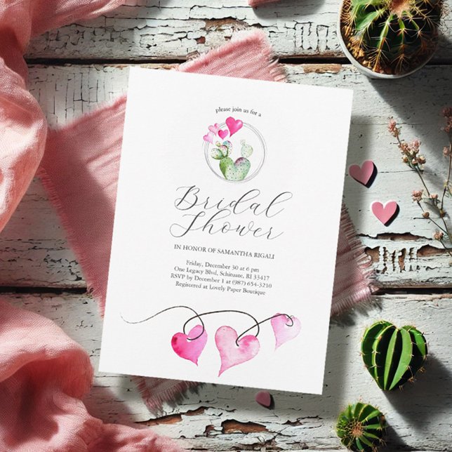 Valentine Themed Bridal Shower Invitation (Winter bridal shower invitations watercolor hearts and cactus art Victoria Grigaliunas DoTellABelle)