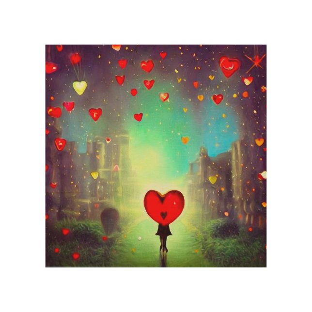 Valentine Town Raining Hearts Wood Wall Art (Front)