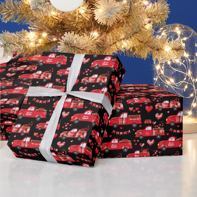 Valentine Trucks on Black Wrapping Paper (Holidays)