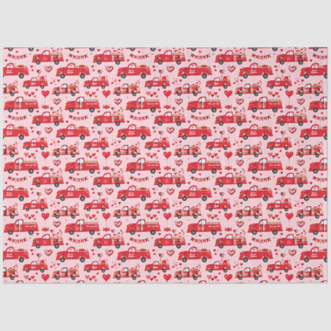 Valentine Trucks on Pink Tissue Paper (Front)