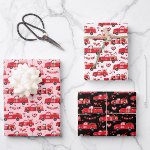 Valentine Trucks on Pink, White and Black Wrapping Paper Sheets