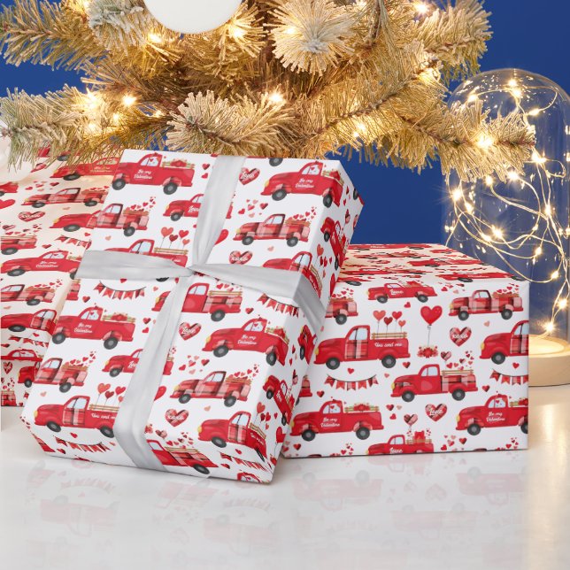 Valentine Trucks on White Wrapping Paper (Holidays)