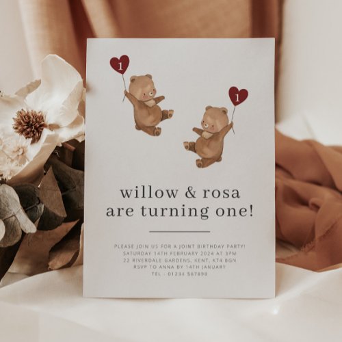 Valentine Twins Bear First Birthday Invitation 