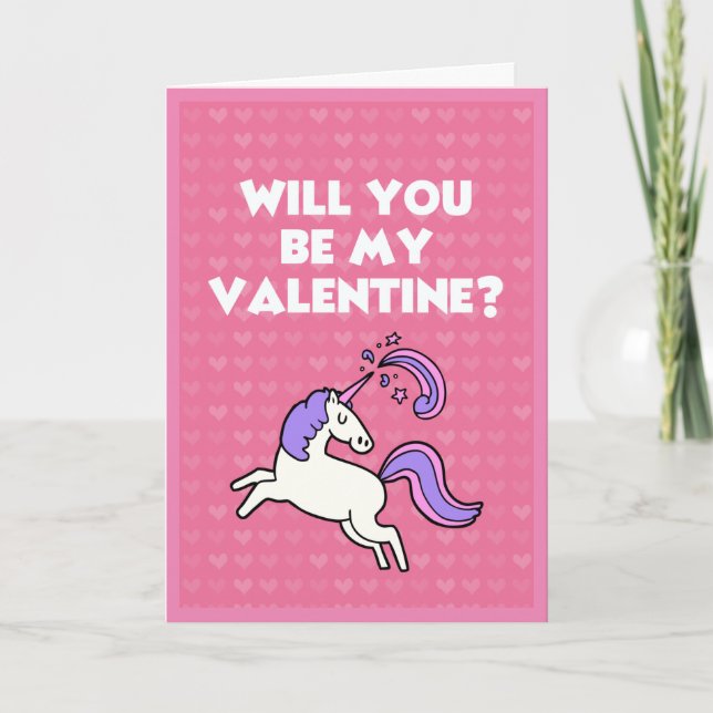 Valentine Unicorn Cute Pink Heart Pattern Romantic Holiday Card (Front)