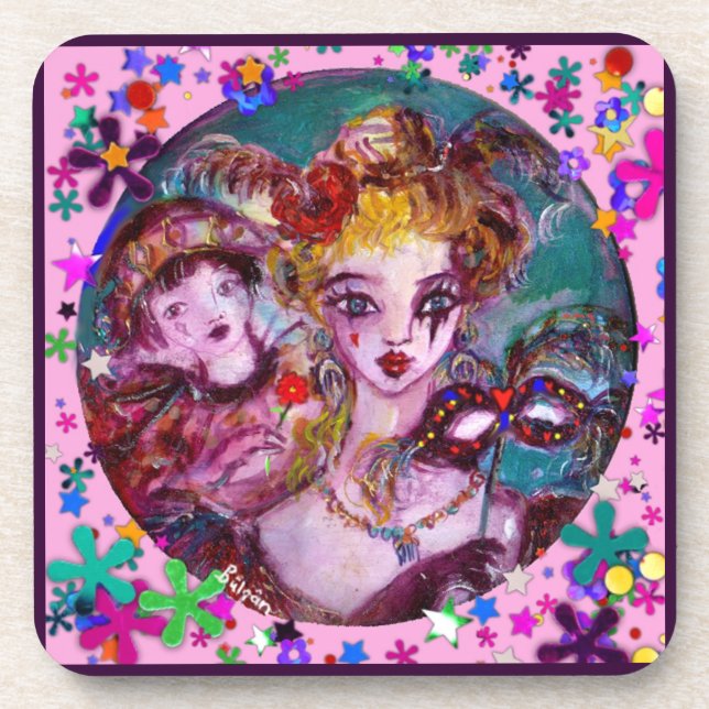 VALENTINE VENETIAN MASQUERADE CONFETTI BEVERAGE COASTER (Front)