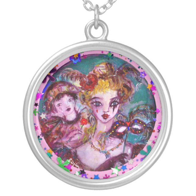 VALENTINE VENETIAN MASQUERADE CONFETTI SILVER PLATED NECKLACE (Front)