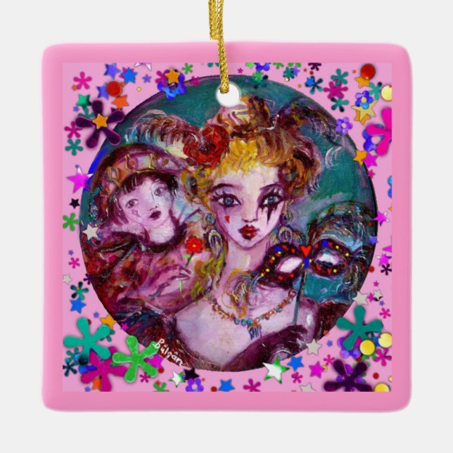 VALENTINE VENETIAN MASQUERADE MASKS AND CONFETTI CERAMIC ORNAMENT (Front)