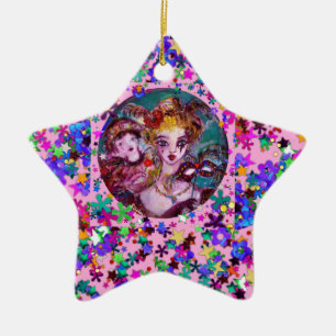 VALENTINE VENETIAN MASQUERADE MASKS AND CONFETTI CERAMIC ORNAMENT