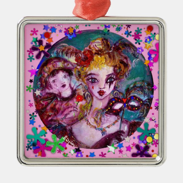 VALENTINE VENETIAN MASQUERADE MASKS AND CONFETTI METAL ORNAMENT (Front)