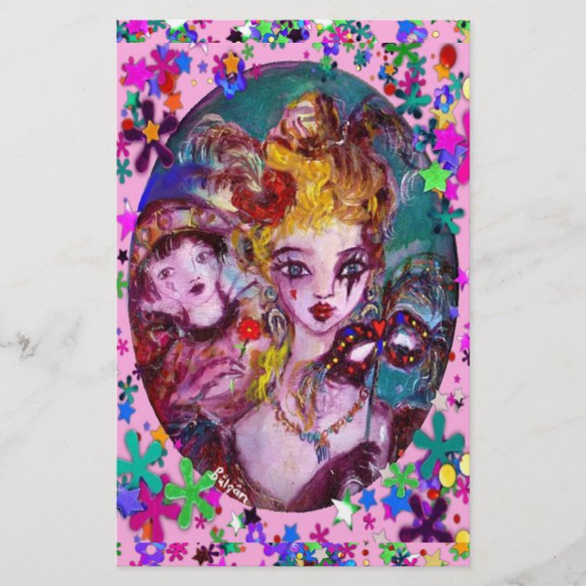 VALENTINE VENETIAN MASQUERADE MASKS Pink Confetti Stationery (Front)