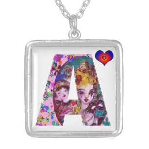 VALENTINE VENETIAN MASQUERADE MONOGRAM A LETTER SILVER PLATED NECKLACE