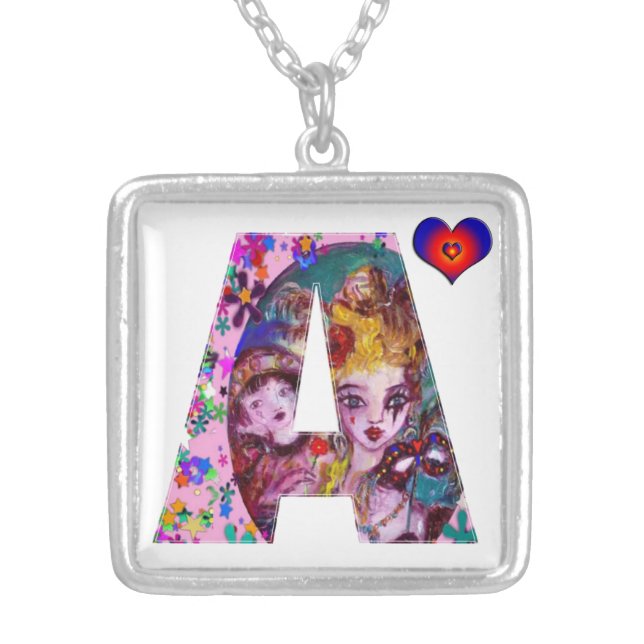 VALENTINE VENETIAN MASQUERADE MONOGRAM A LETTER SILVER PLATED NECKLACE (Front)