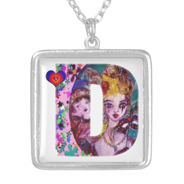 VALENTINE VENETIAN MASQUERADE MONOGRAM D LETTER SILVER PLATED NECKLACE (Front)