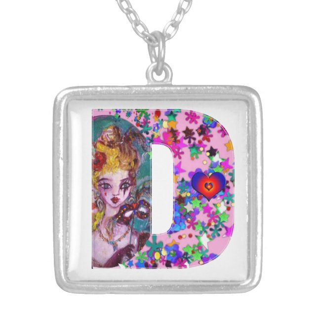 VALENTINE VENETIAN MASQUERADE MONOGRAM D LETTER SILVER PLATED NECKLACE (Front)