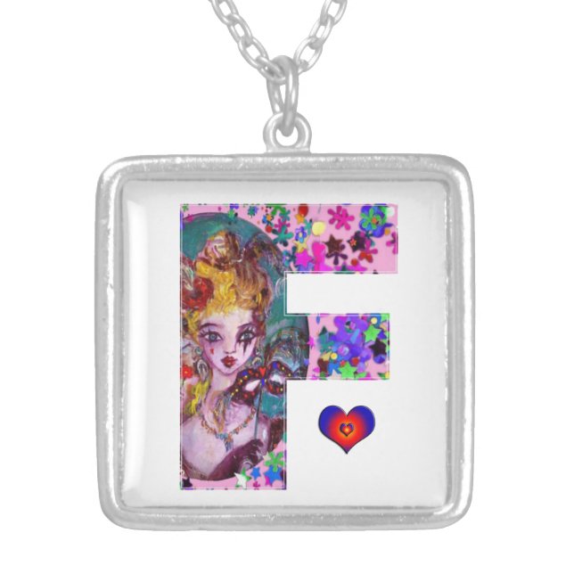 VALENTINE VENETIAN MASQUERADE MONOGRAM F LETTER SILVER PLATED NECKLACE (Front)