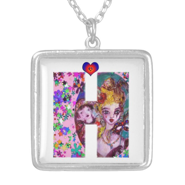 VALENTINE VENETIAN MASQUERADE MONOGRAM H LETTER SILVER PLATED NECKLACE (Front)