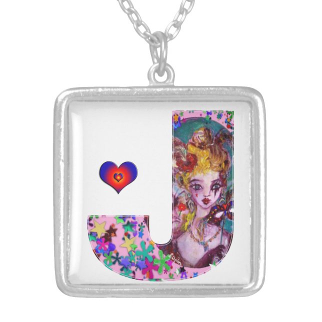 VALENTINE VENETIAN MASQUERADE MONOGRAM J LETTER SILVER PLATED NECKLACE (Front)