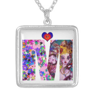 VALENTINE VENETIAN MASQUERADE MONOGRAM M LETTER SILVER PLATED NECKLACE