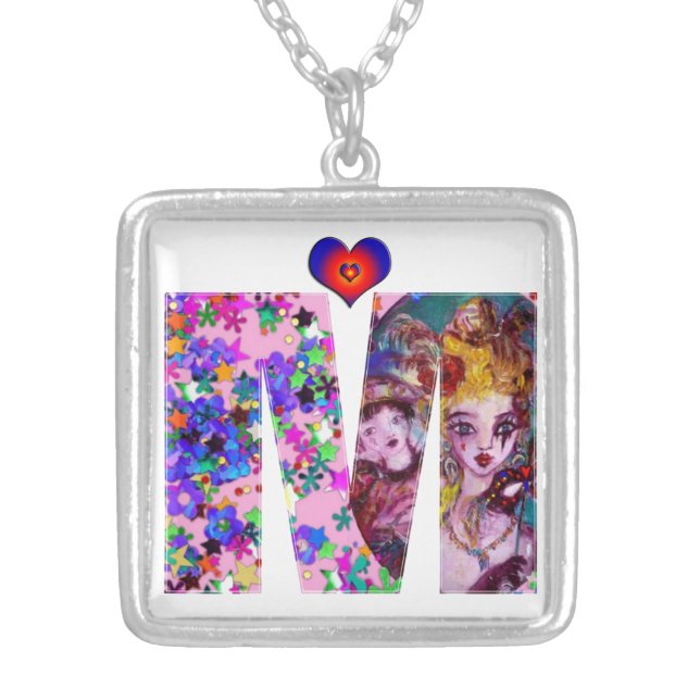 VALENTINE VENETIAN MASQUERADE MONOGRAM M LETTER SILVER PLATED NECKLACE (Front)