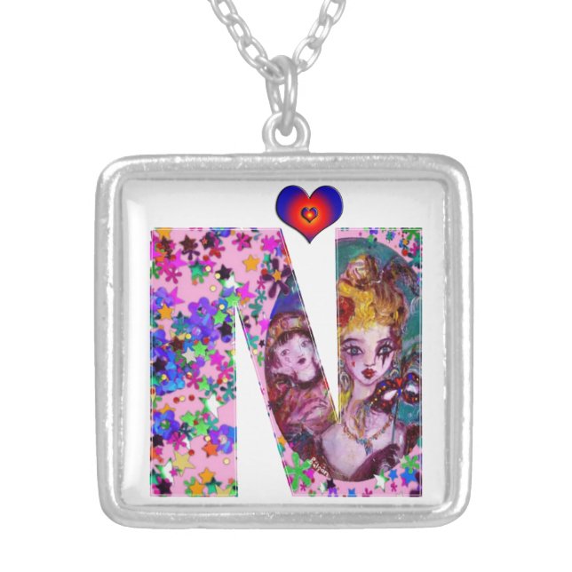 VALENTINE VENETIAN MASQUERADE MONOGRAM N LETTER SILVER PLATED NECKLACE (Front)