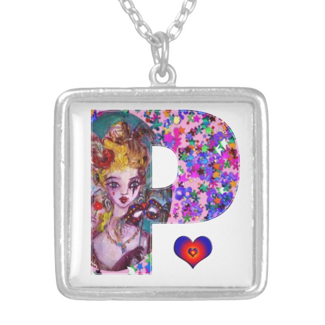 VALENTINE VENETIAN MASQUERADE MONOGRAM P LETTER SILVER PLATED NECKLACE (Front)