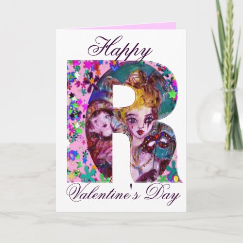 VALENTINE VENETIAN MASQUERADE MONOGRAM R LETTER HOLIDAY CARD