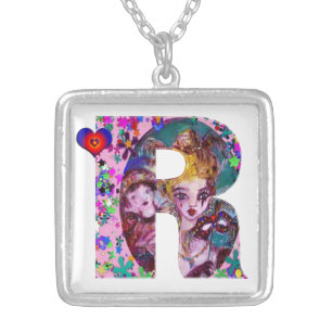 VALENTINE VENETIAN MASQUERADE MONOGRAM R LETTER SILVER PLATED NECKLACE