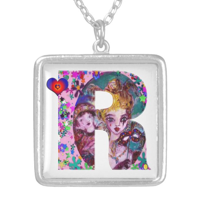 VALENTINE VENETIAN MASQUERADE MONOGRAM R LETTER SILVER PLATED NECKLACE (Front)