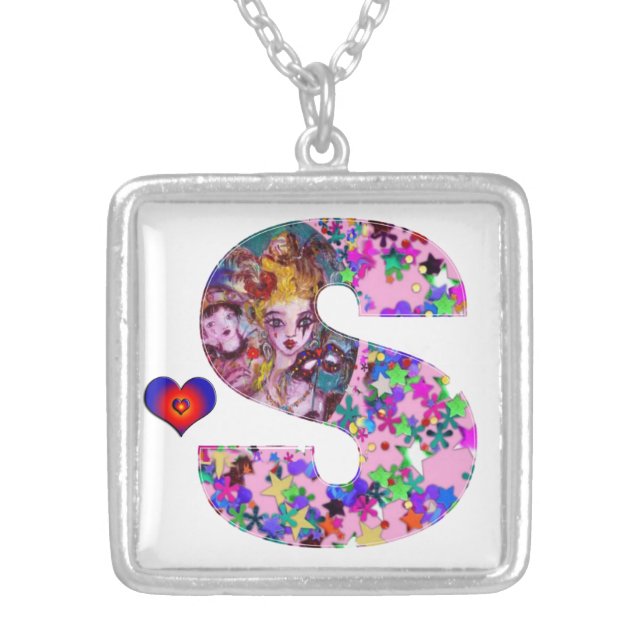 VALENTINE VENETIAN MASQUERADE MONOGRAM S LETTER SILVER PLATED NECKLACE (Front)