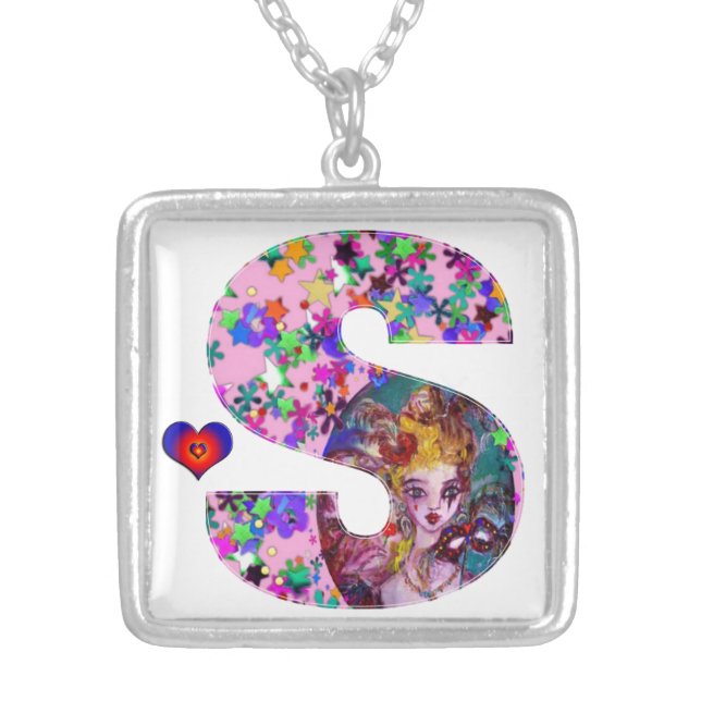 VALENTINE VENETIAN MASQUERADE MONOGRAM S LETTER SILVER PLATED NECKLACE (Front)