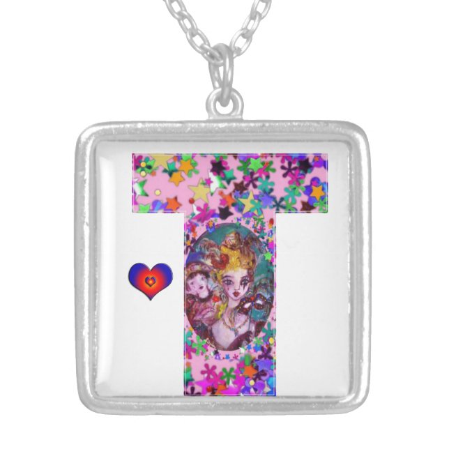 VALENTINE VENETIAN MASQUERADE MONOGRAM T LETTER SILVER PLATED NECKLACE (Front)