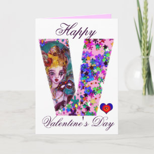 VALENTINE VENETIAN MASQUERADE MONOGRAM V LETTER HOLIDAY CARD