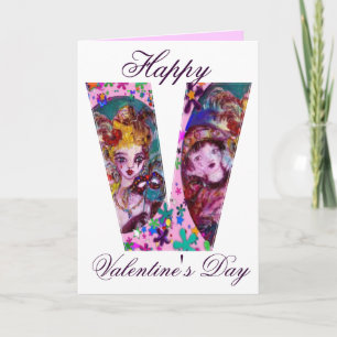 VALENTINE VENETIAN MASQUERADE MONOGRAM V LETTER HOLIDAY CARD